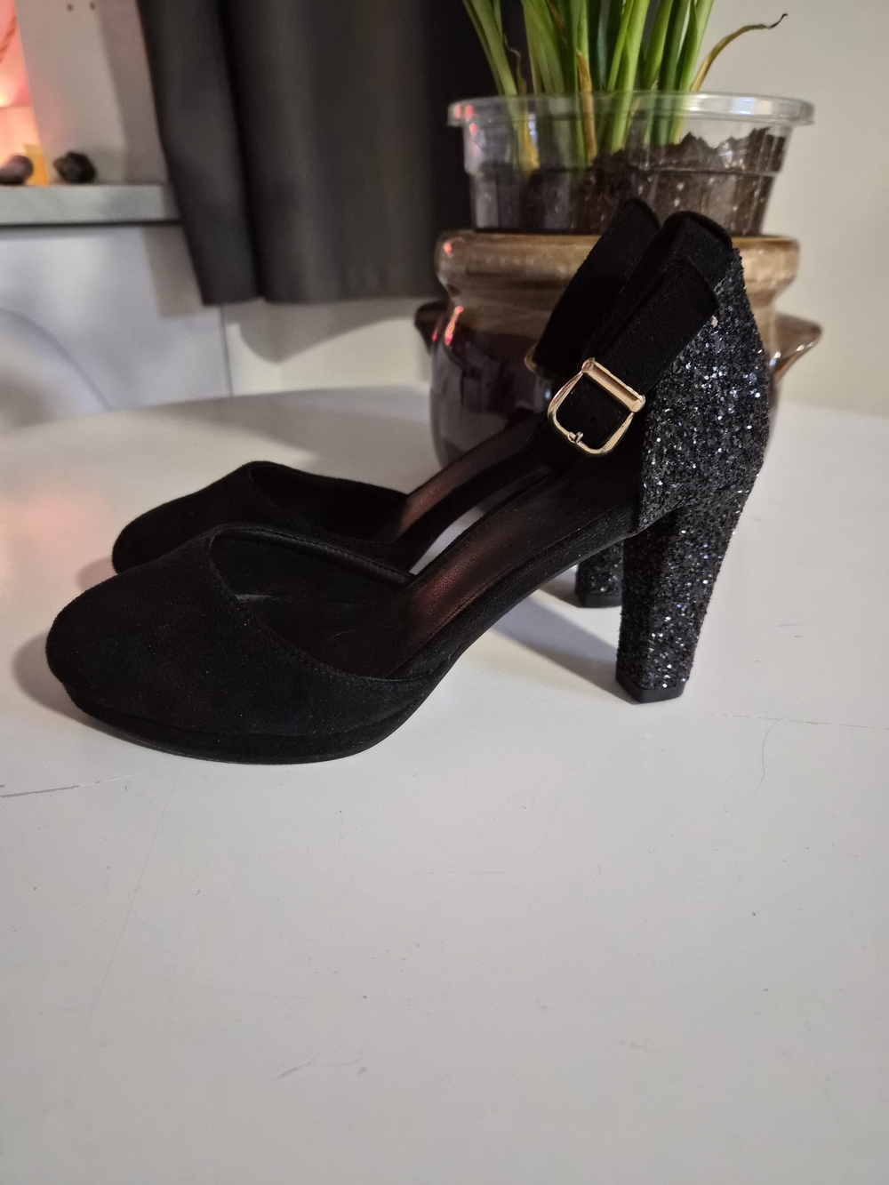 Black Glitter Block Heel